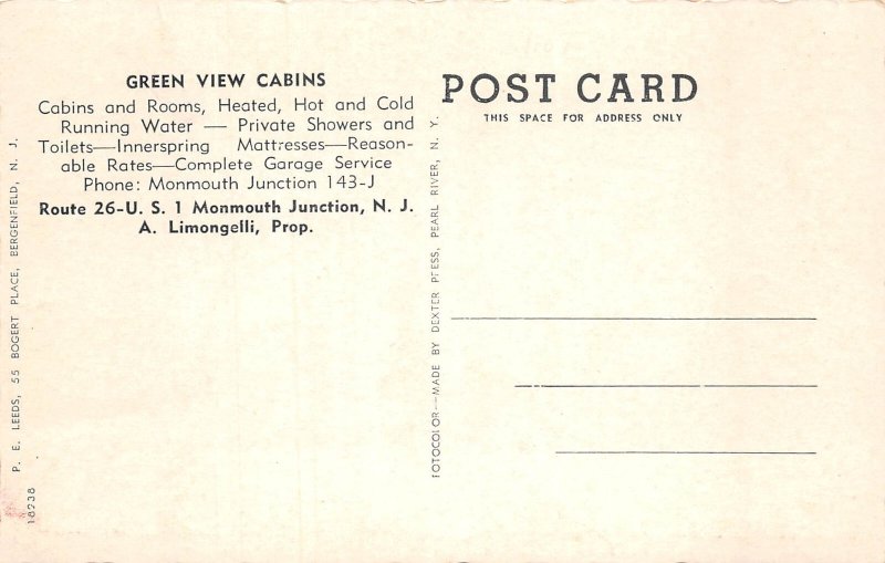 Monmouth Junction New Jersey Green View Cabins, White Border Vintage PC U11263
