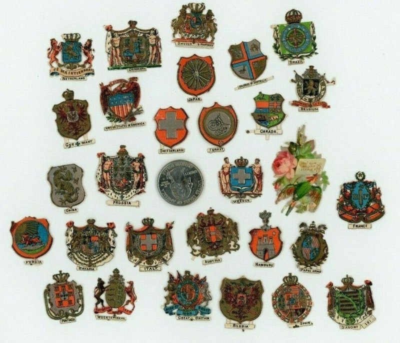 1870's-80's Country Crests Japan, Denmark Lot Of 24 Victorian Die Cut X138 