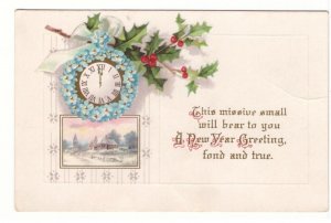 A New Year Greeting, Floral Clock, Holly, Rural Scene, Vintage 1922 Postcard