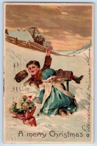 1908 Christmas Children Playing Snow Winter Flowers Bouquet Letter PFB Postcard
