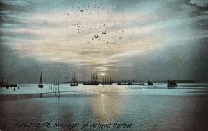 Vintage Postcard 1908 Moonlight On Portland Harbor Portland Maine Hugh Leighton