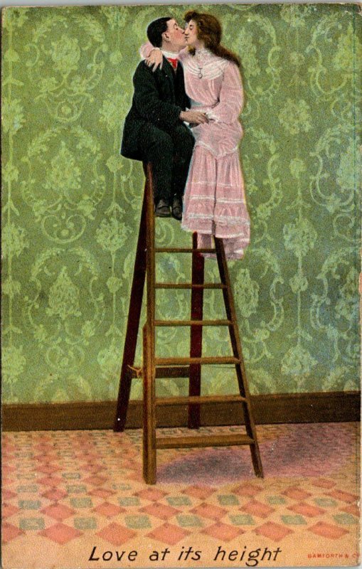 VTG Postcard Valentine Love At Its Height Couple Kissing Art Deco England 1858