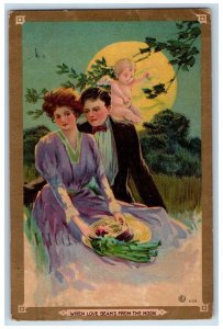 Romance Postcard Couple Cupid Angel When Love Beams From The Moon 1910 Antique