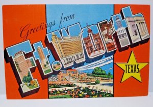 Greetings From Ft Worth Texas Big Large Letter Linen Postcard Unused E.C. Kropp