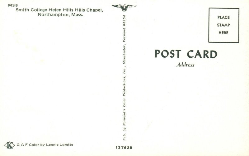Vintage Postcard Smith College Helen Hills Chapel Northampton Massachusetts MA 