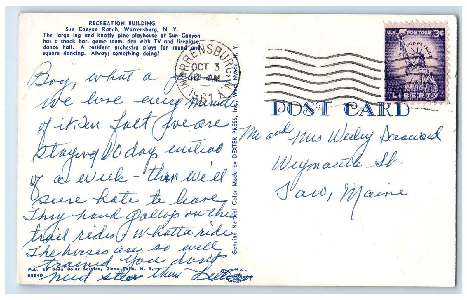 1967 Sun Canyon Ranch Horse Scene Warrensburg New York NY Posted People