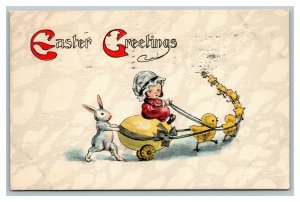 Vintage 1915 Fantasy Easter Postcard Girl Giant Yellow Egg Wagon Chicks Bunny