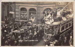 Lot373 Uk  First Electric car Tram Festive York yorkshire tram real photo