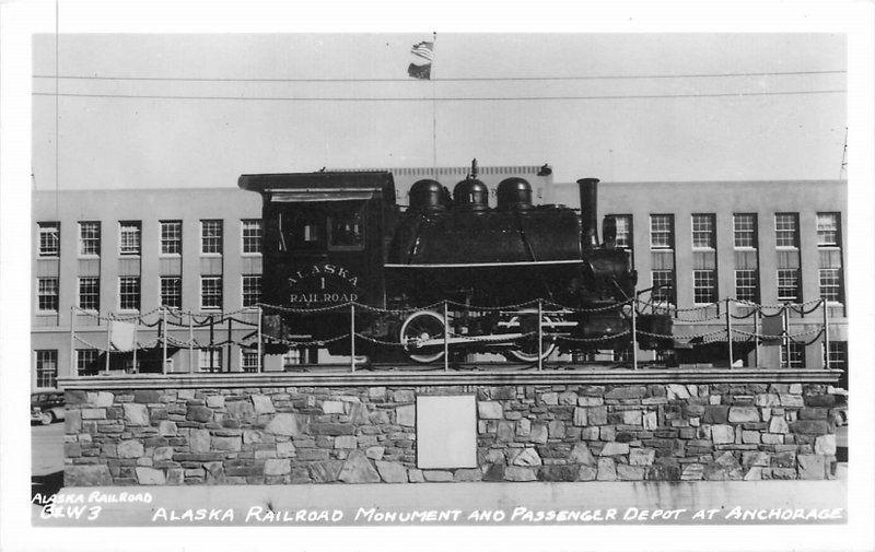 Alaska Railroad monument Passenger Depot train 1950s RPPC real photo 8169