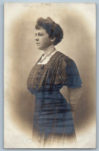 c1910's Victorian Edwardian Plaided Dress RPPC Photo Antique Postcard