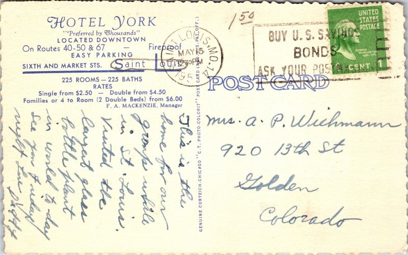 Postcard Maryland Saint Louis Hotel York & Map Route 40 Curt Teich 1952 V175