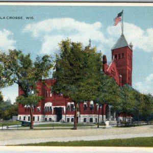 c1910s La Crosse Wis City Hall Obscured by Trees Color Paint Litho Photo WI A201