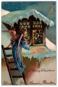 1906 Christmas Angel Climbing Ladder House Crescent Stars Embossed Postcard