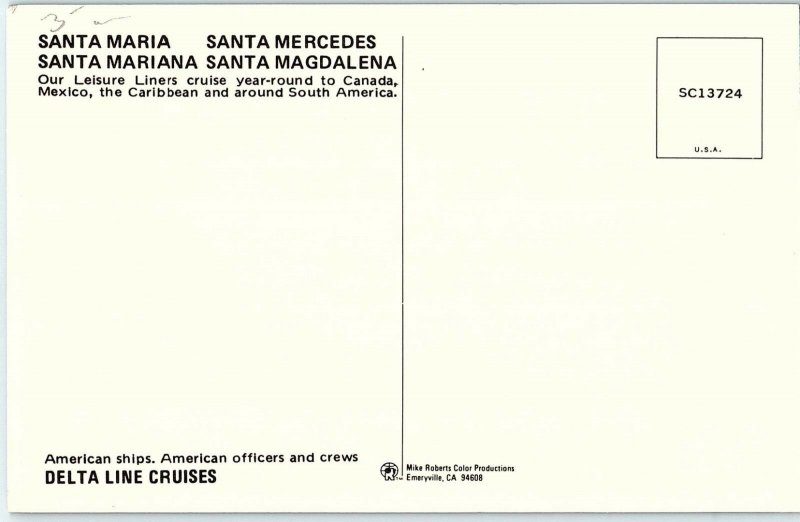 Vintage Delta Line Cruises Santa Maria Ship Postcard P126