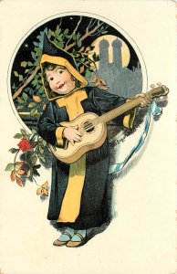 Postcard; Munich Child as Monk, Playing Guitar, Full Moon Silhouette, Germany