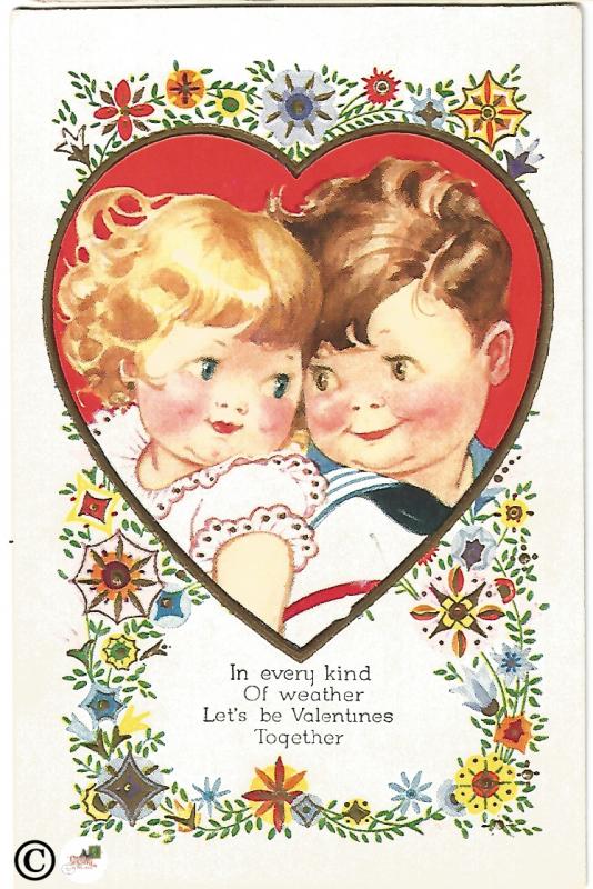 Pixie Faced Children in Red Heart Mod Flowers Vintage Valentine's Day Postcard