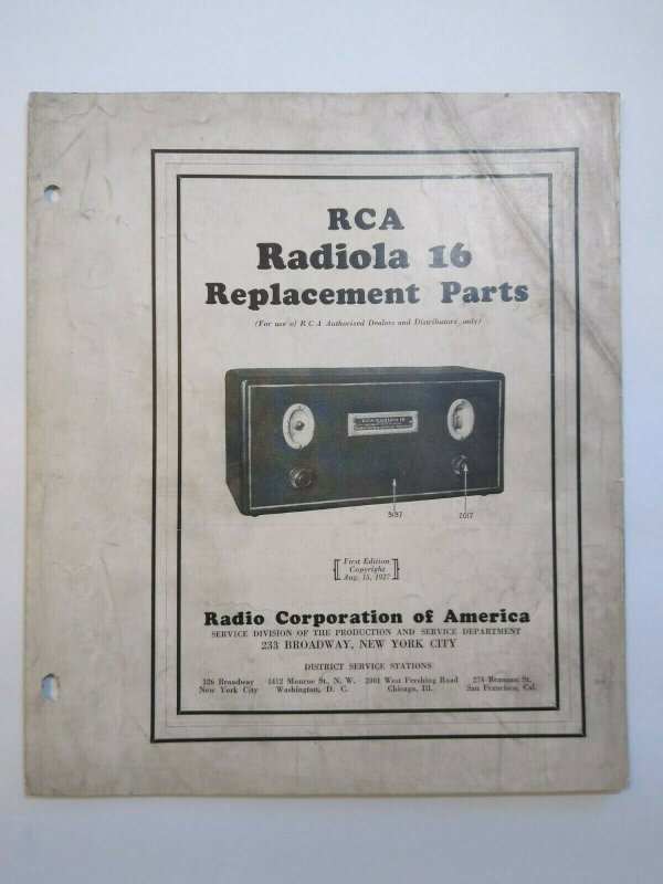 RCA Radiola 16 Replacement Parts Pamphlet 1927 Vintage Radio 4 Sided Ephemera