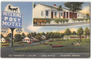 HITCHING POST MOTEL Roanoke, Virginia Roadside 1940s Linen Vintage Postcard