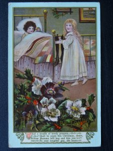 A JOYOUS CHRISTMAS Little Girls in Bed with Christmas Stockings c1910 Postcard