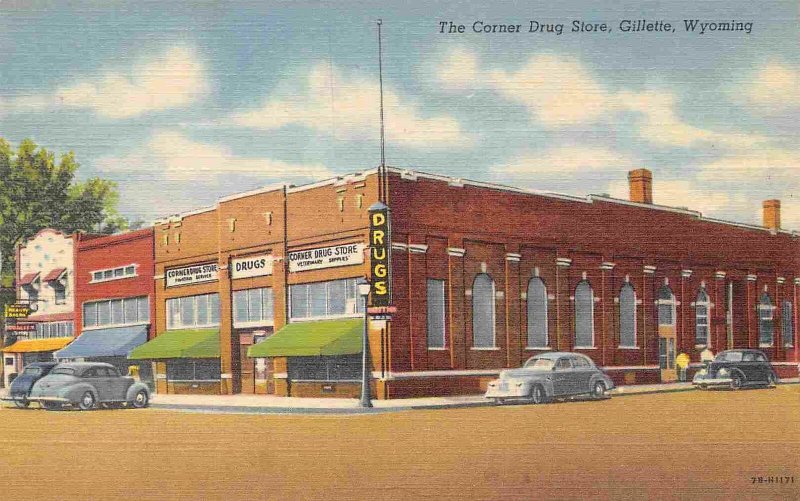 Corner Drug Store Gillette Wyoming linen postcard
