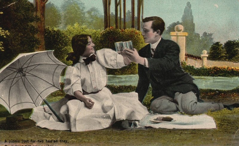 Vintage Postcard 1908 Picnic Near Beautiful Lake Lovers Toast Wedding Romance