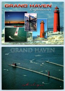 2 Postcards GRAND HAVEN, Michigan MI ~ Aerial View LIGHTHOUSES Fog Signal 4x6