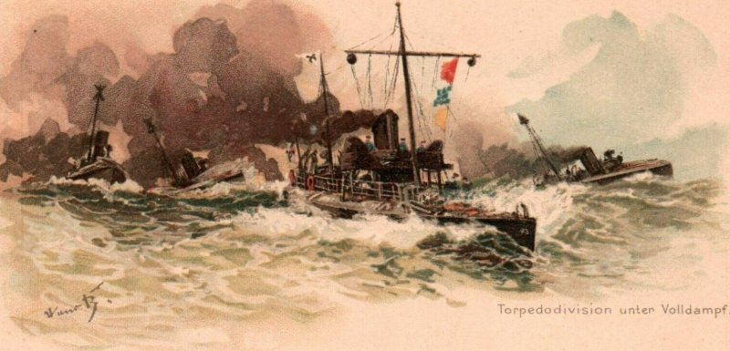 German Navy Torpedo U-boat Division at full speed WWI RARE c.1900