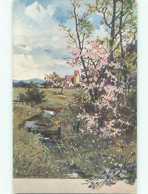 Unused Pre-Linen foreign signed BEAUTIFUL FLOWERING TREES BESIDE THE CREEK J4341