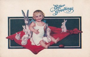 EASTER, 1900-10s; Greetings, Toddler on red blanket with rabbits