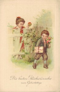 Victorian Boy And Girl With A Letter Happy Birthday Vintage Postcard 08.17