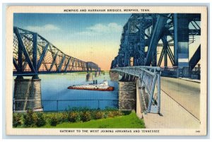 1943 Memphis & Harrahan Truss Bridges Ship Passes Memphis Tennessee TN Postcard