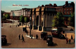 Vtg London England Marble Arch Street View Old Cars Double Decker Bus Postcard
