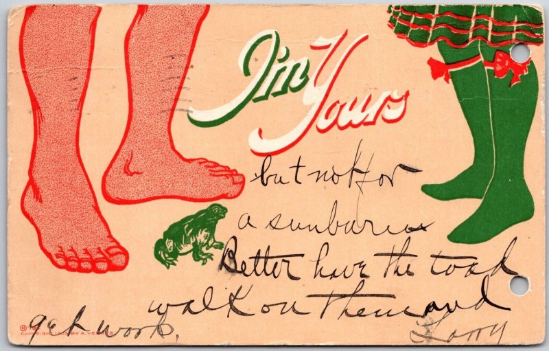 1908 I'm Yours, Man Feet & Woman Stockings Feet Frog Comic Vintage Postcard