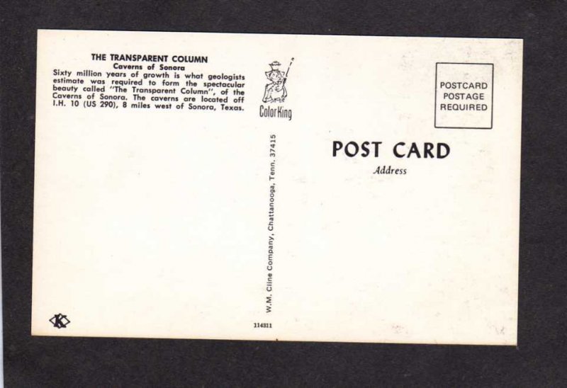 TX Transparent Column Caverns of Sonora Texas Caves Cavern Postcard