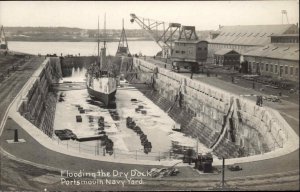 Portsmouth NH Dry Dock Ship CRISP IMAGE! Flooding Dock c1905 Real Photo Postcard