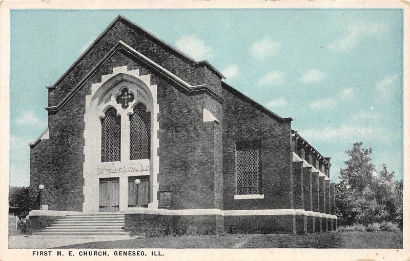 C16/ Geneseo Illinois Il Postcard 1943 First M.E. Church Building