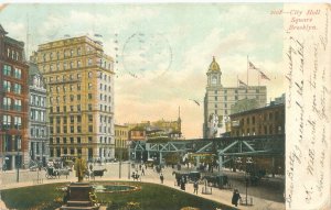 Brooklyn NY City Hall Square, Trolley, Horse Carriages, Tracks 1909 Postcard