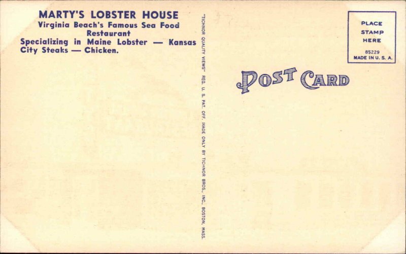 Virginia Beach Virginia VA Marty's Lobster House Restaurant Linen Postcard