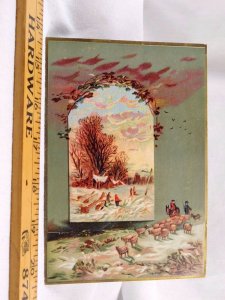 Large Embossed Victorian Christmas Winter Scene Trade Card Sheep Men Snow #I