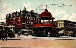 Postcard St. Nicholas Hotel and Transfer Station in Decatur, Illinois