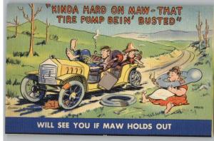 Comic Linen Postcard-Hillbilly Mom Blowing Up Tire..Car