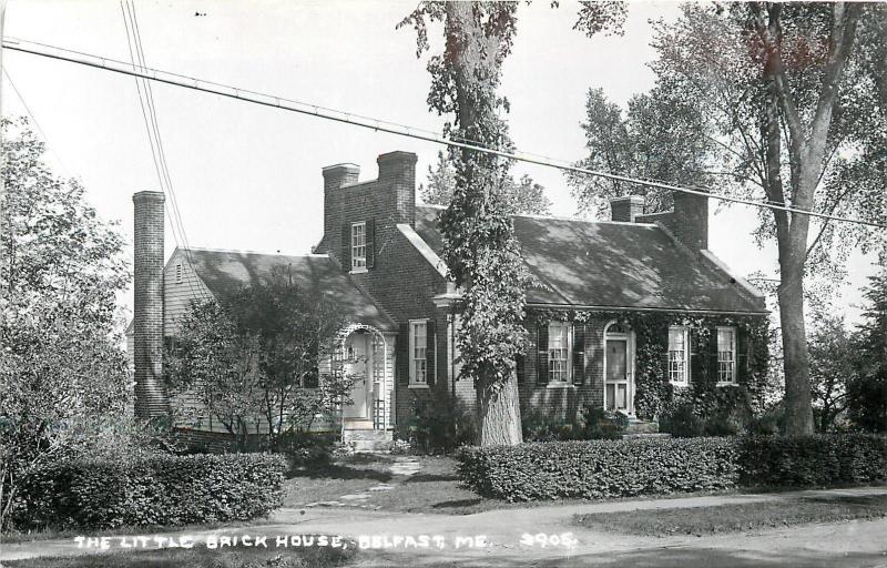 Belfast ME~Real Photo Postcard~The Little Brick House & Shrubs~Vine on Tree~1950