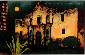 The Alamo by Night, San Antonio TX Vintage Linen Postcard X40