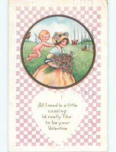 Pre-Linen valentine CUPID AND BUTTERFLIES FLY AROUND GIRL HOLDING FLOWERS J0511