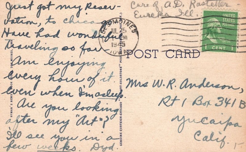 Vintage Postcard 1945 State Capitol Bldg. Landmark Des Moines Iowa Hyman's Pub.