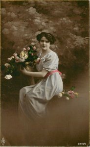 PFB Hand-Colored RPPC Postcard 2919/6 Beautiful Woman w/ Vase of Roses