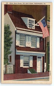 1940s PHILADELPHIA PENNSYLVANIA BETSY ROSS HOUSE US FLAG LINEN POSTCARD P525