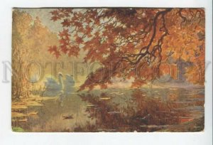 431735 MONTEZIN Autumn SWAN Lake Quiel hour Vintage postcard