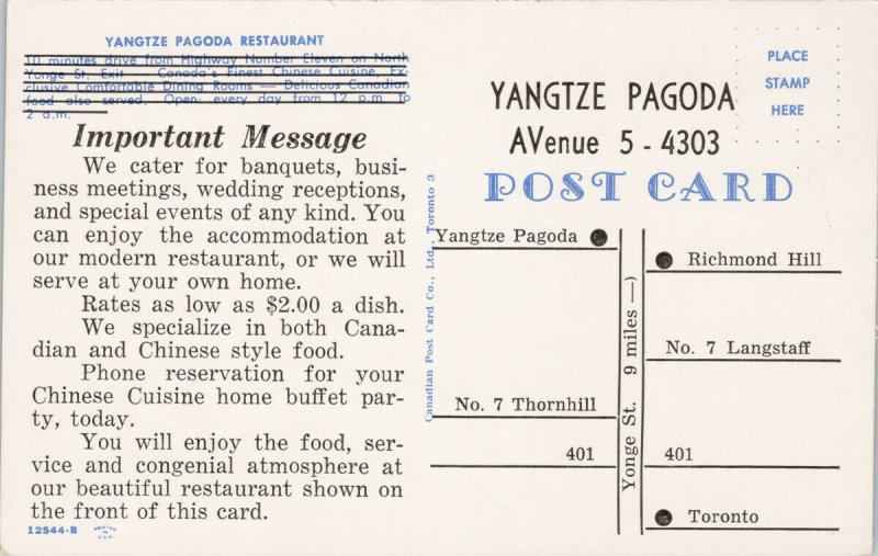 Yangtze Pagoda Restaurant Toronto Ontario Advertising Vintage Postcard F60