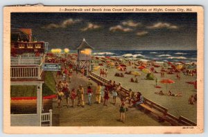 1958 OCEAN CITY MD BOARDWALK BEACH WHY PEOPLE ON THE BEACH AT NIGHT?! POSTCARD